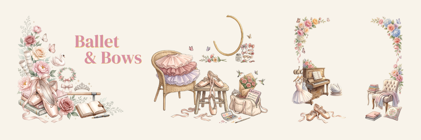 A watercolor-style decorative banner featuring ballet and bow motifs, including flowers, bows, a chair with a pink ruffled cushion, a small table, a crescent moon, a piano framed by flowers, and the words 'Ballet & Bows' on a light cream background.