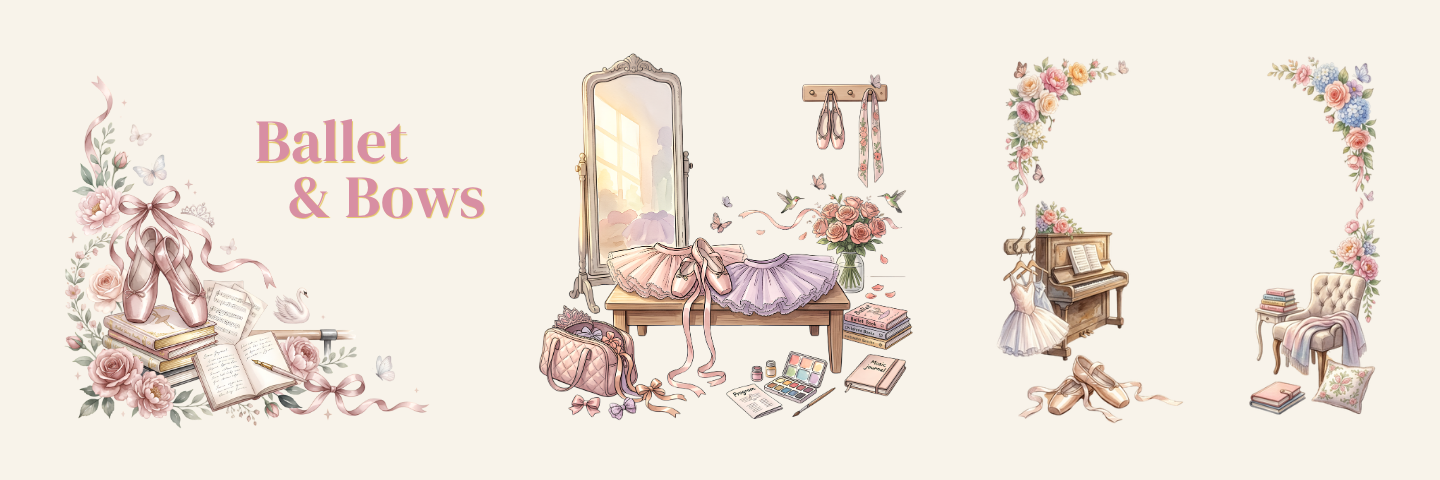 A watercolor-style decorative graphic set with ballet-themed illustrations and the text 'Ballet & Bows' on a light beige background. The designs include ballet slippers, a mirror, a dress, flowers, a piano, and floral borders.