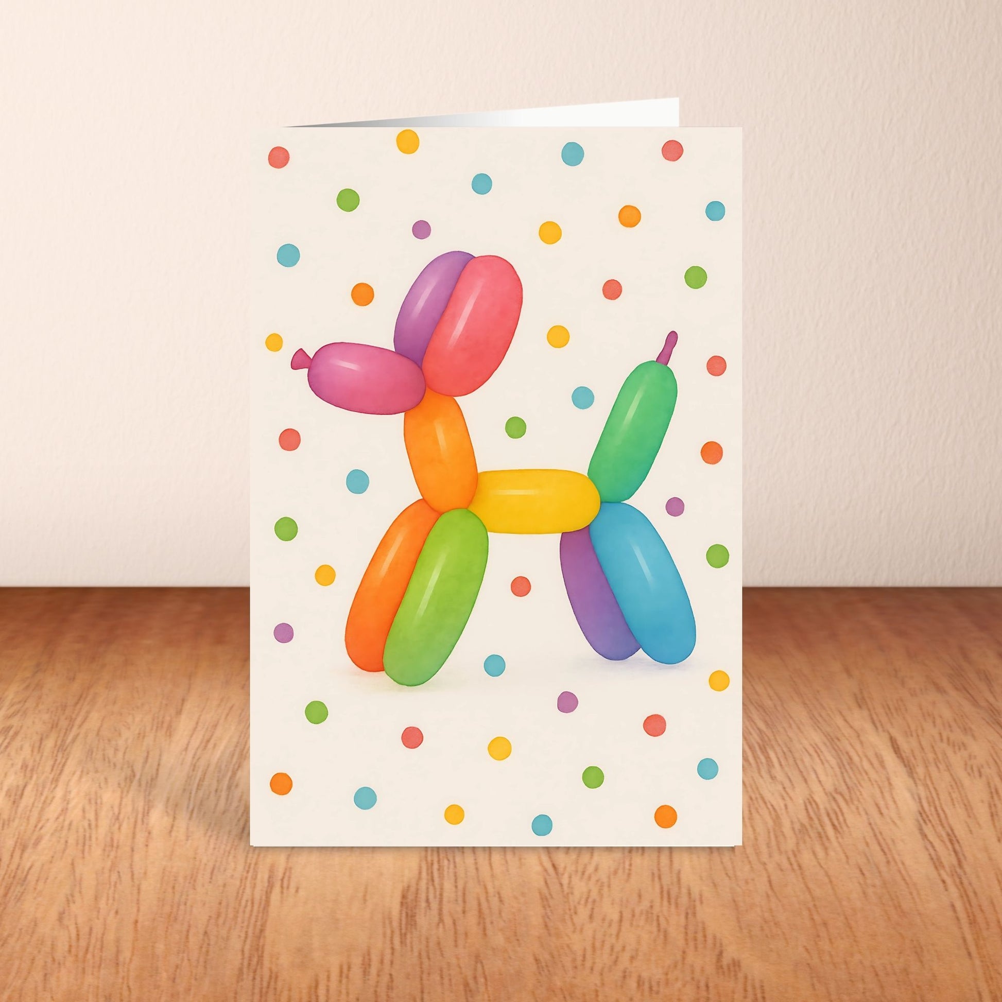 Colorful balloon animal card with polka dot pattern on a wooden surface