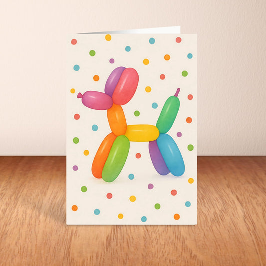 Colorful balloon animal card with polka dot pattern on a wooden surface