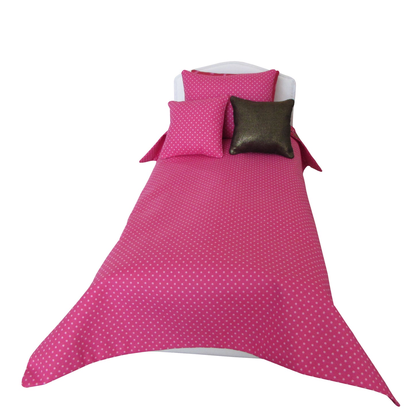 Bees and Hearts Reversible Doll Bedding for 14 1/2 inch dolls Front view - Dots Side