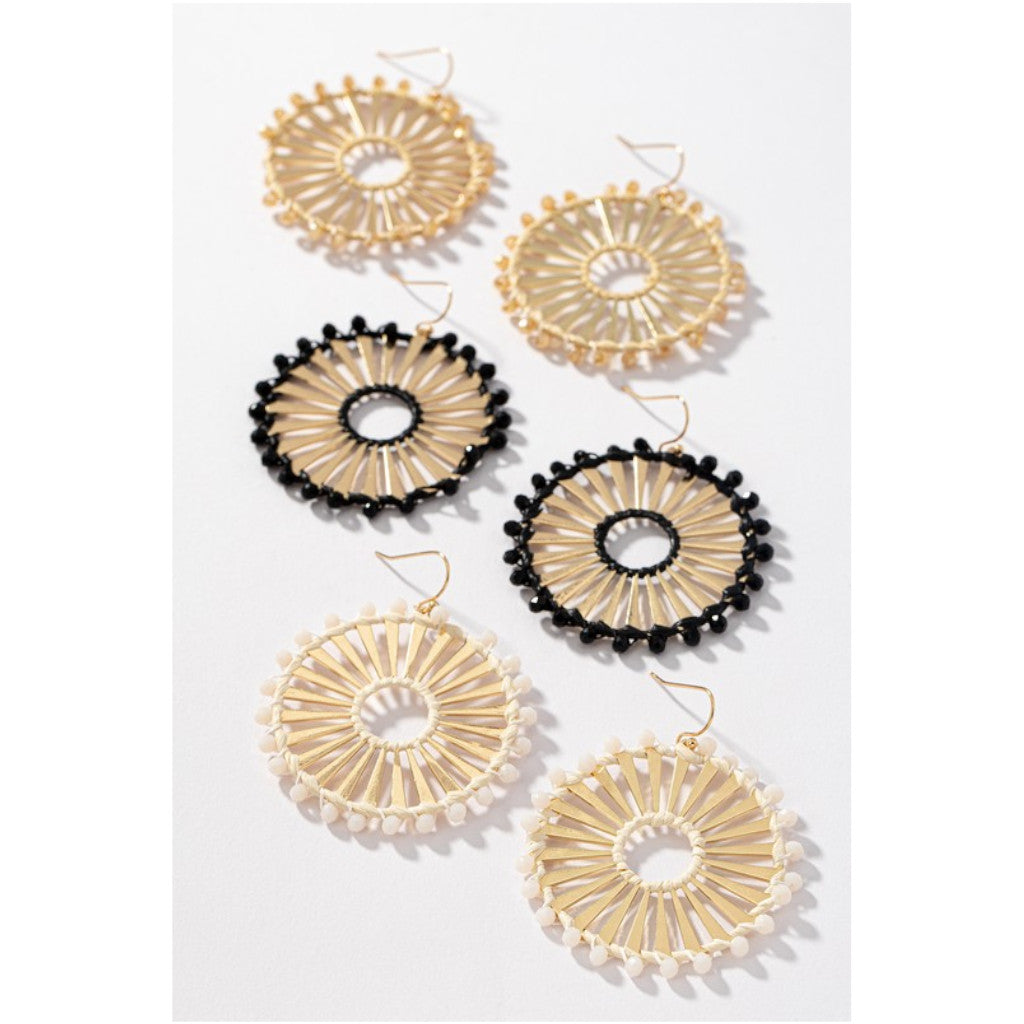 Beige, Black and Ivory Solar Ray Disk with  Raffia Straw and Glass Bead