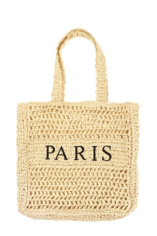 Beige PARIS Embroidery Straw Tote Bag Front view