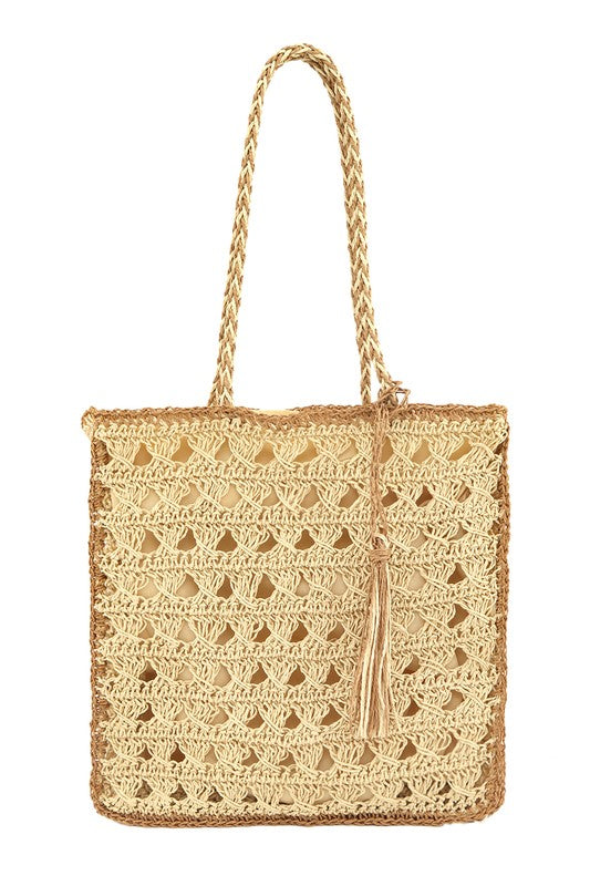 Beige Square Shape Straw Tote  Shoulder Bag Front view