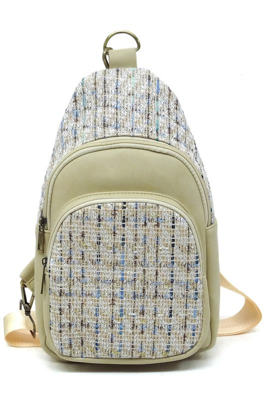 Beige Tweed Sling Bag Backpack Front view