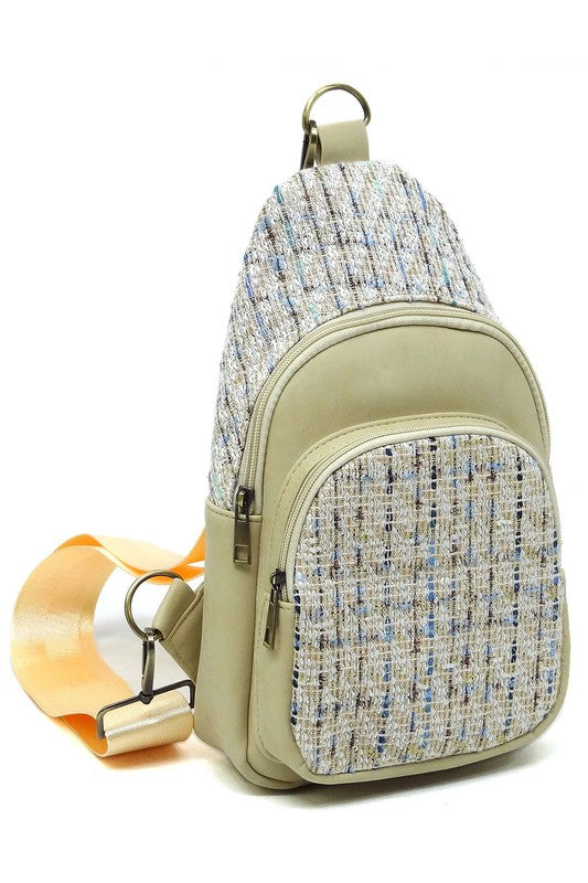 Beige Tweed Sling Bag Backpack Side view