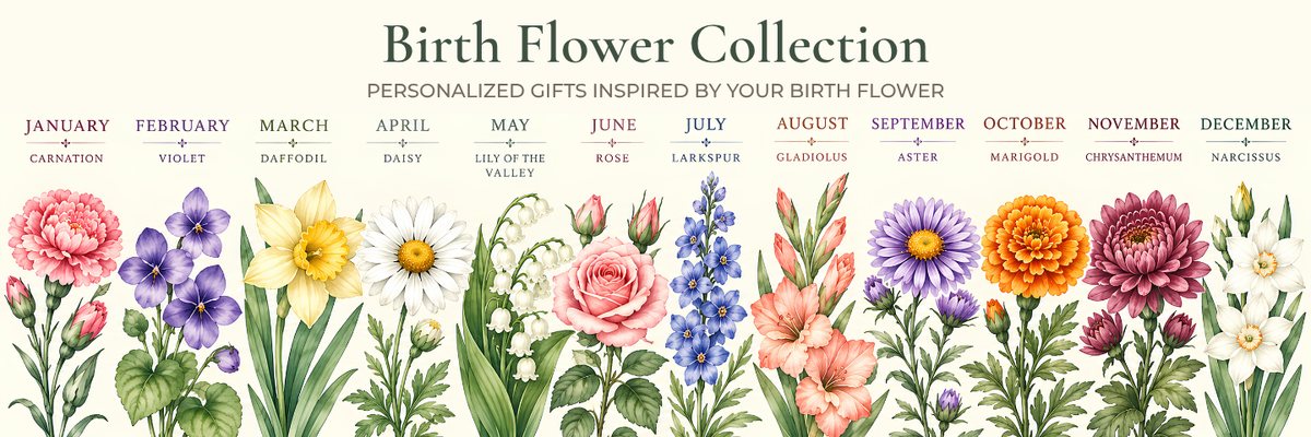A decorative floral banner titled 'Birth Flower Collection' showing a monthly flower guide from January to December with illustrated blooms and text such as 'Personalized Gifts Inspired by Your Birth Flower.' This is not a clean product photo of a physical item, not a person in a real environment, and not a measurement chart, color swatch, or instruction diagram.