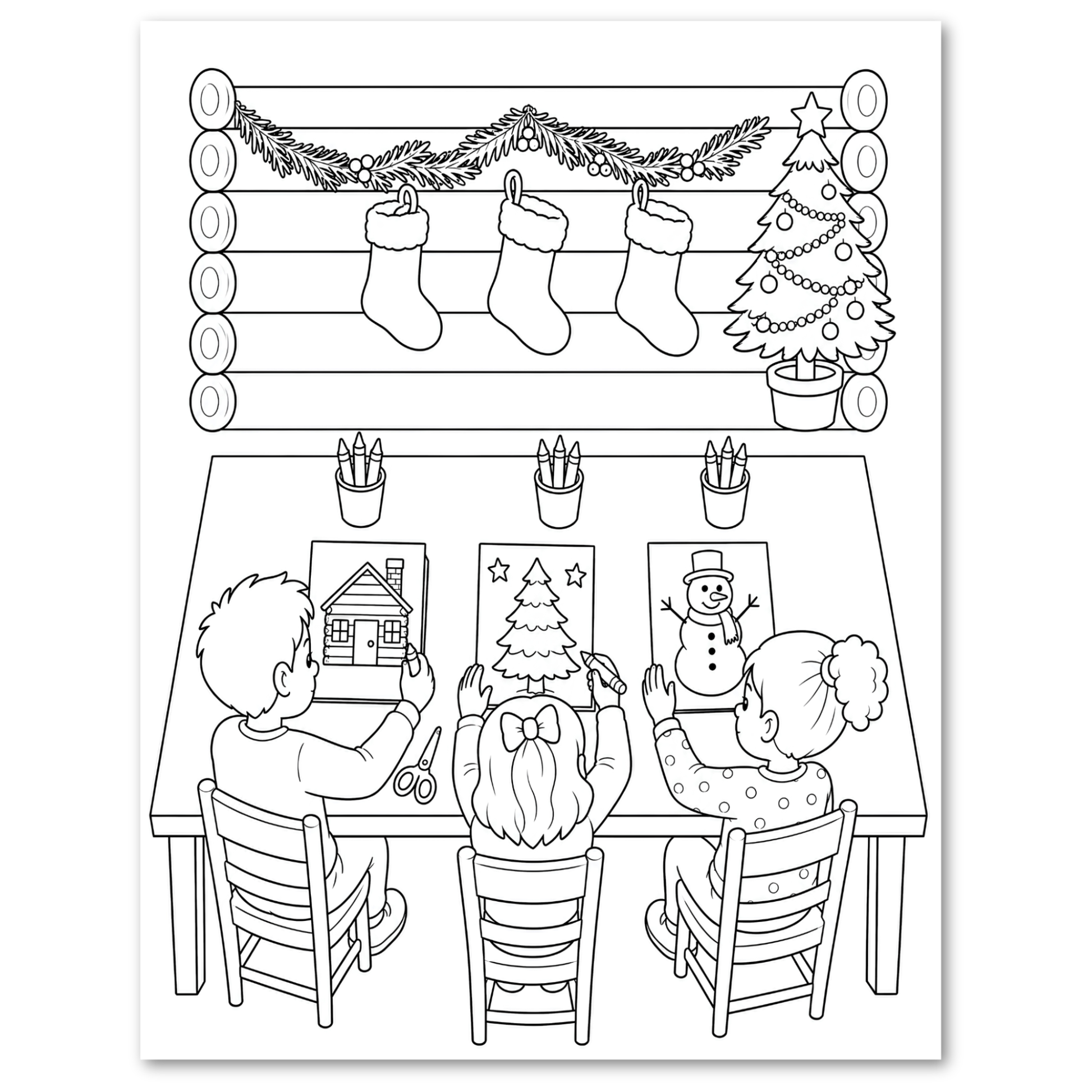 Black-and-white Christmas-themed coloring page showing three children at a table coloring a house, a Christmas tree, and a snowman, with stockings and a decorated tree on a log wall above.