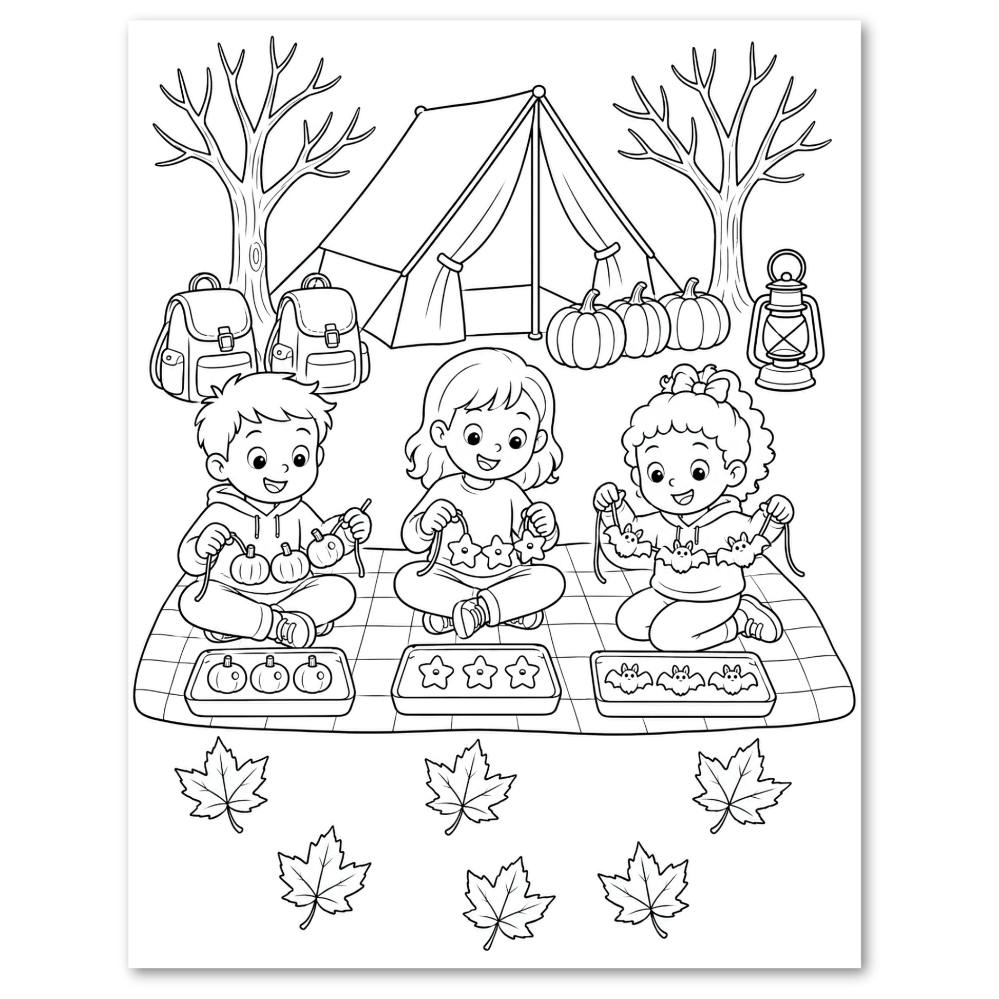Black and white autumn camping coloring page featuring three children sitting on a blanket in front of a tent, with pumpkins, trees, backpacks, and maple leaves outlined around them.