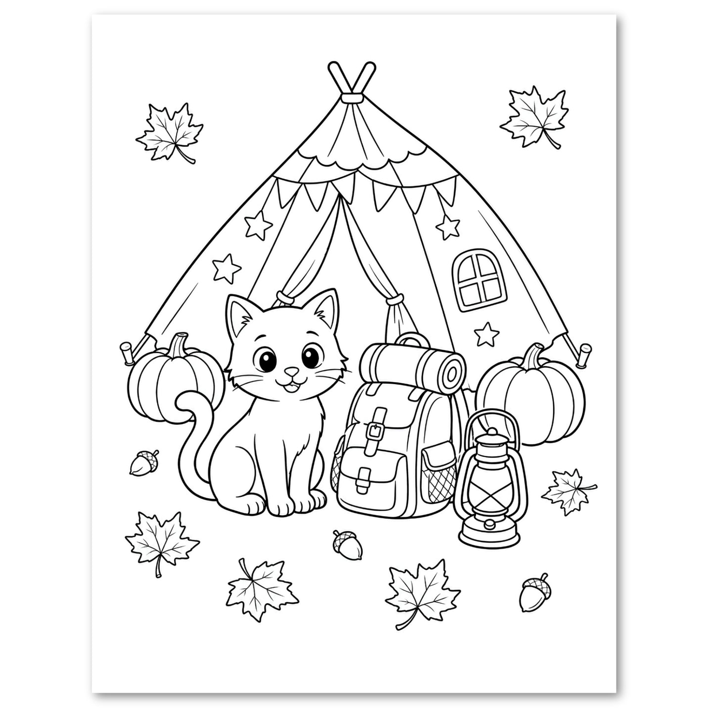 Black and white line art illustration of a cute cartoon kitten sitting in front of a teepee tent with pumpkins, a backpack, a lantern, acorns, and scattered maple leaves.