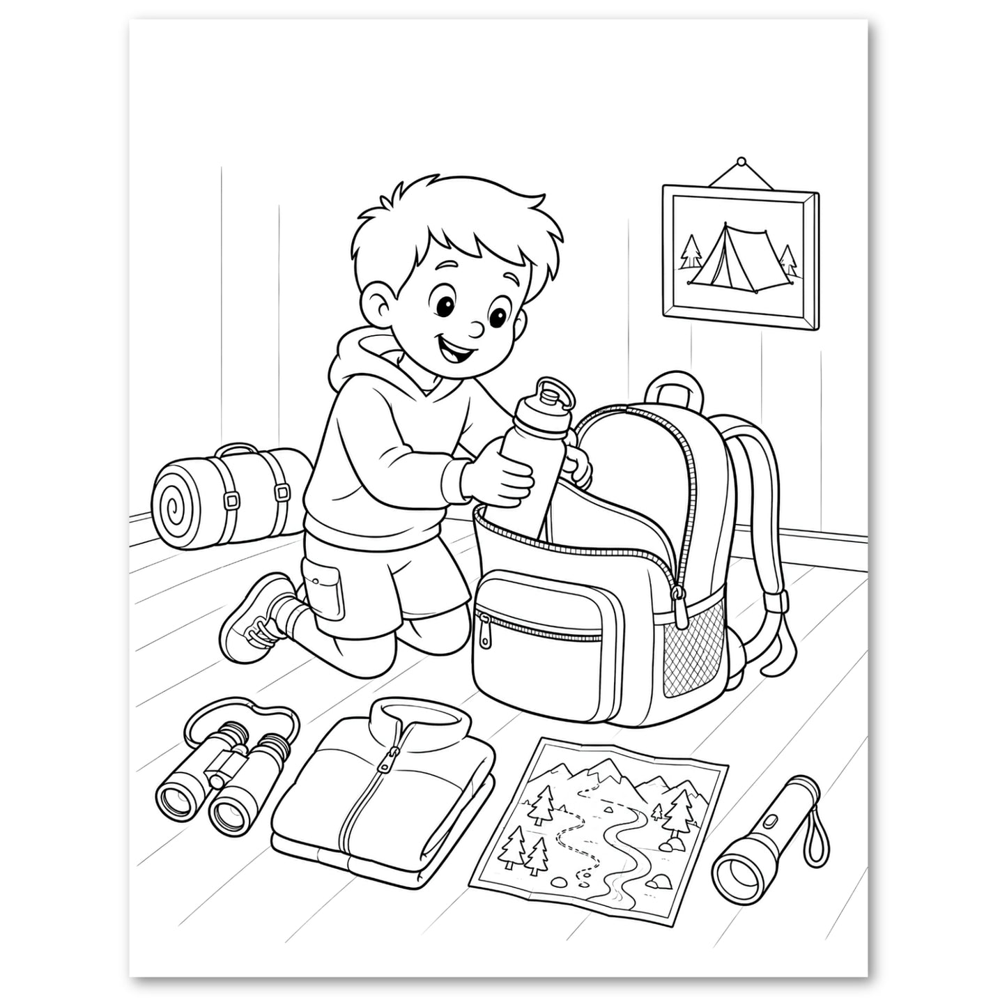 Black and white line art illustration of a boy packing camping gear, including a backpack, water bottle, binoculars, jacket, map, and sleeping bag, in a room with a framed tent picture on the wall.