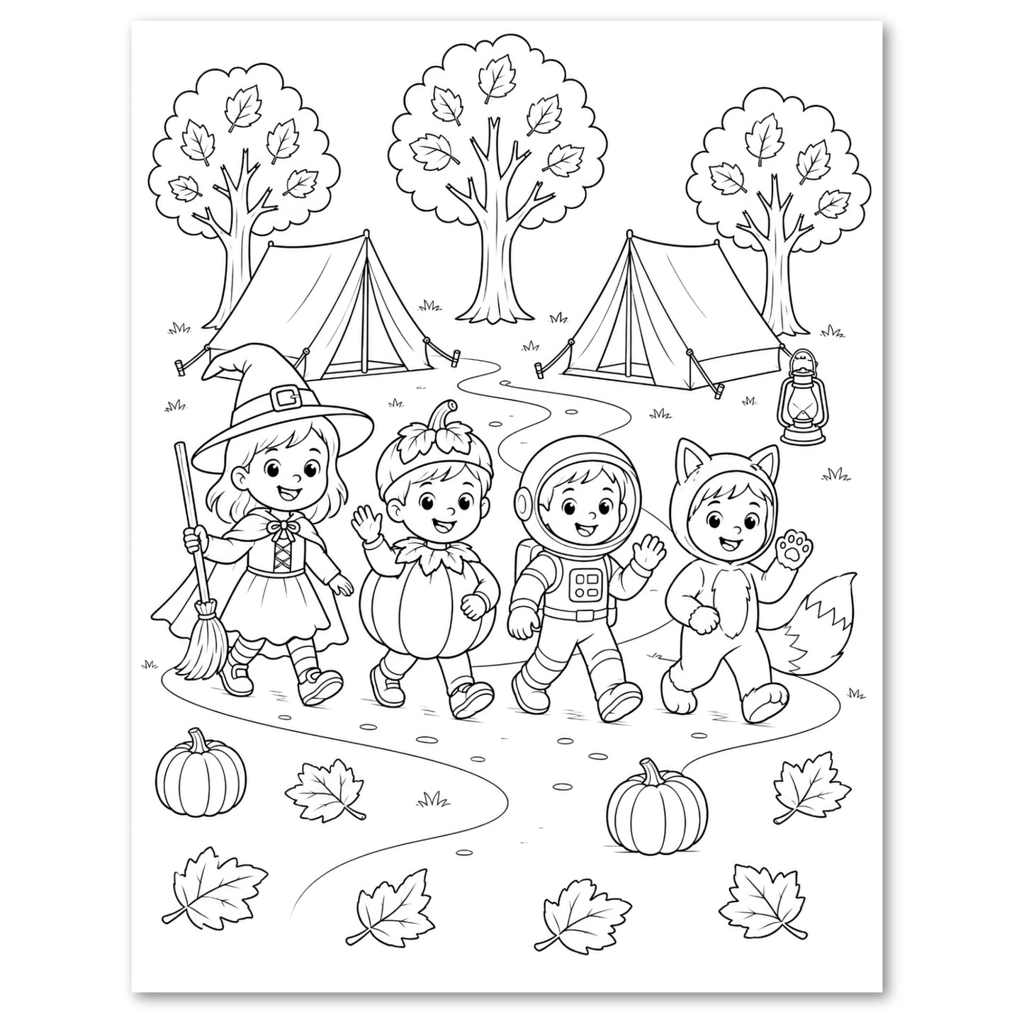 Black and white autumn-themed coloring page featuring four children in Halloween costumes—witch, pumpkin, astronaut, and fox—camping outdoors with tents, trees, pumpkins, and leaves.