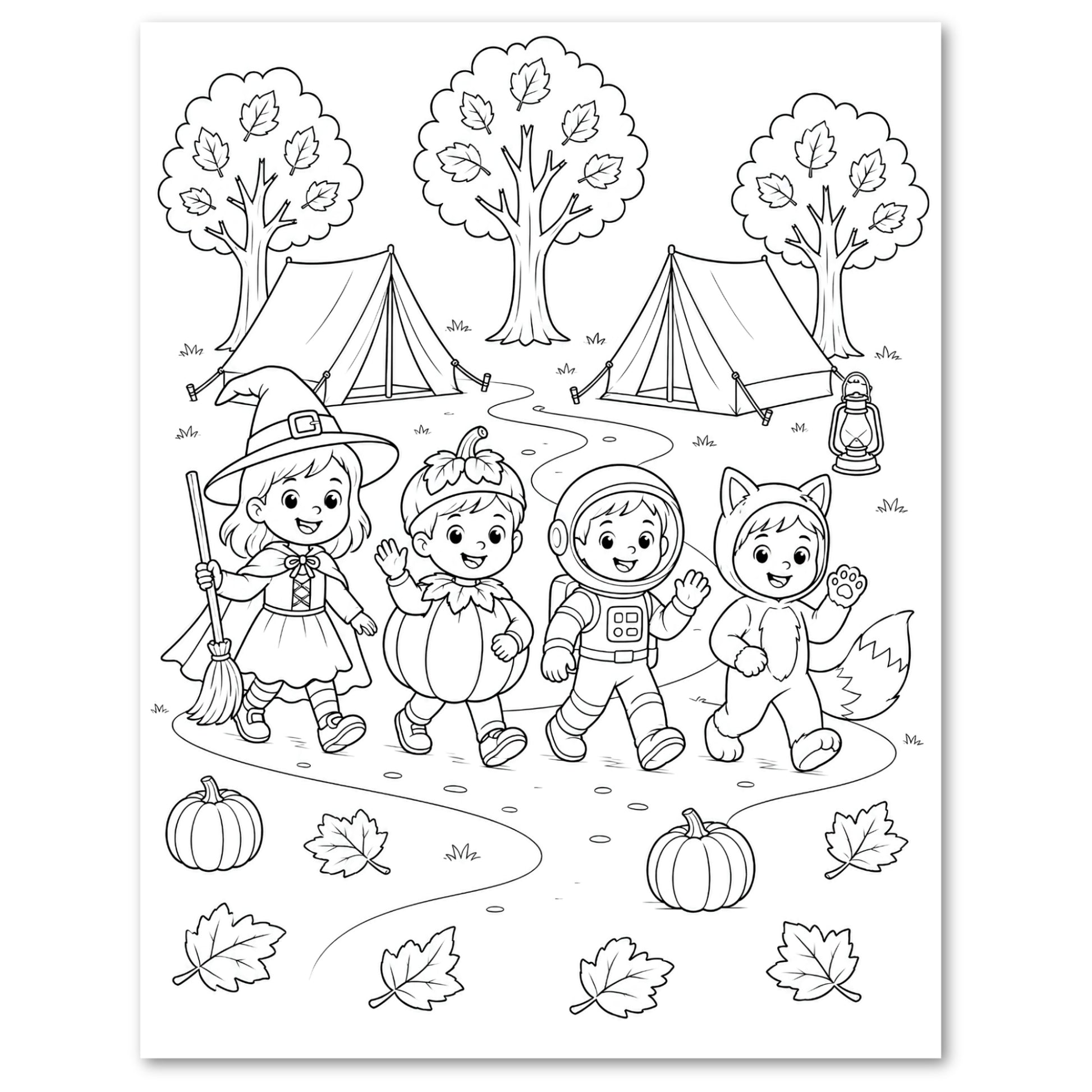 Black and white autumn-themed coloring page featuring four children in Halloween costumes—witch, pumpkin, astronaut, and fox—camping outdoors with tents, trees, pumpkins, and leaves.