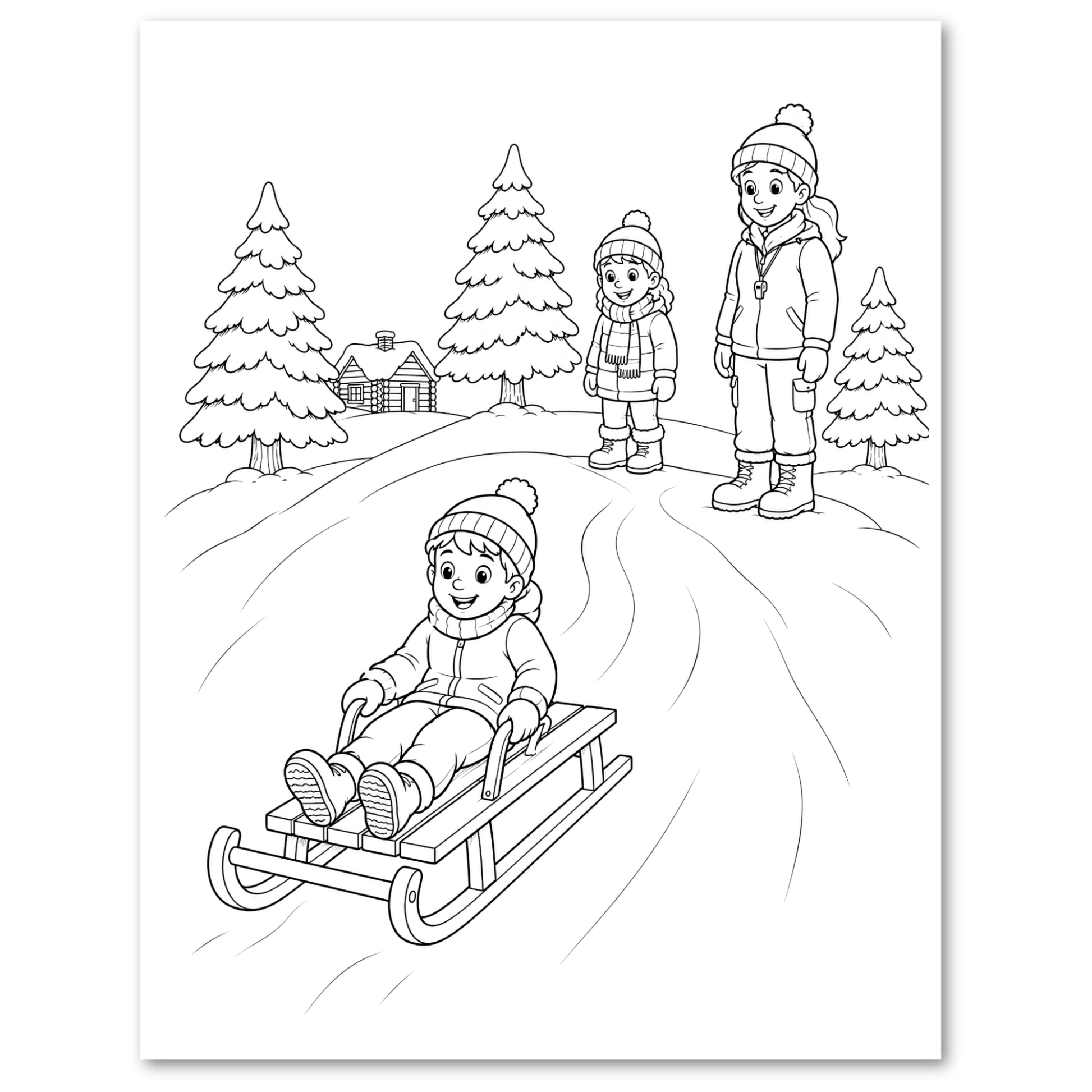 Black and white line art illustration of children in winter clothing, including one sitting on a sled in the foreground and two standing in the background near evergreen trees and a small cabin.