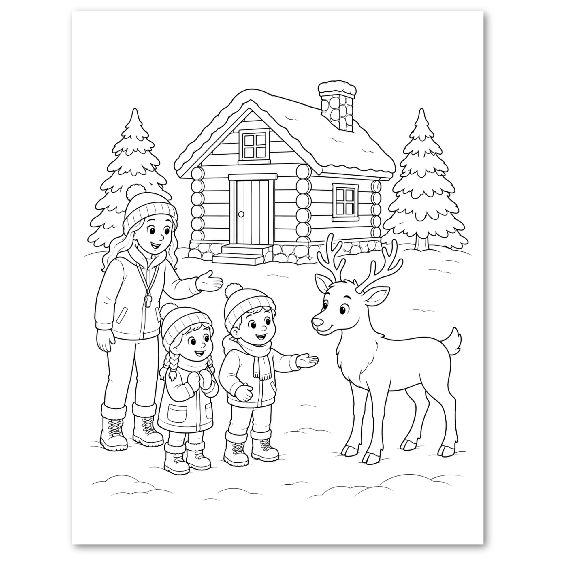 Black and white line art illustration of a family of four and a reindeer in front of a log cabin, designed as a coloring page.