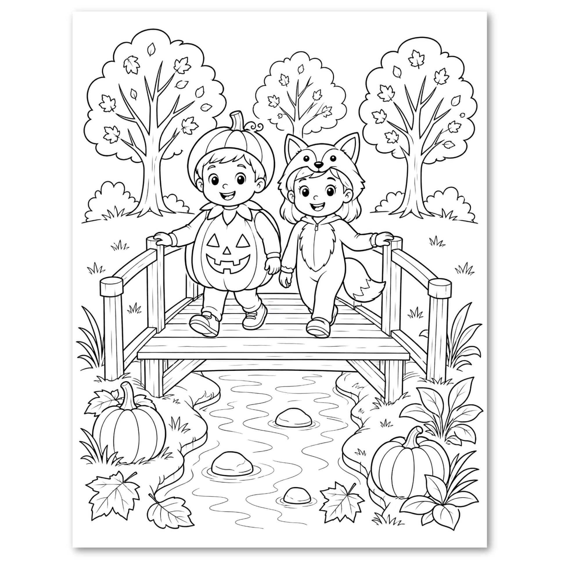 Black and white Halloween coloring page featuring two children in costume walking across a wooden bridge over a stream. One child is dressed as a pumpkin and the other as a fox, with pumpkins, leaves, and trees in the background.