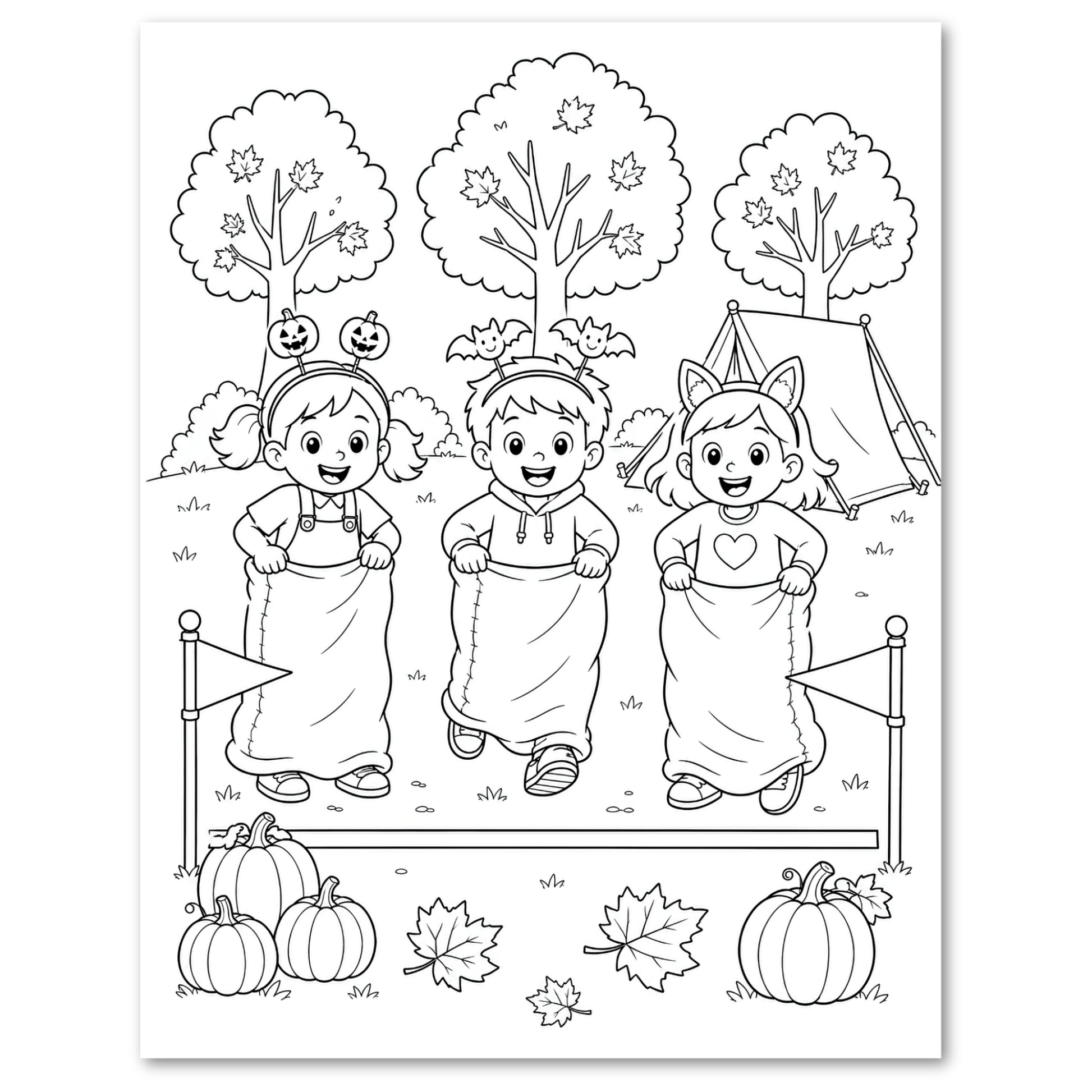 Black and white line art coloring page featuring three children in Halloween costumes jumping over a fence with pumpkins, leaves, and trees in the background.