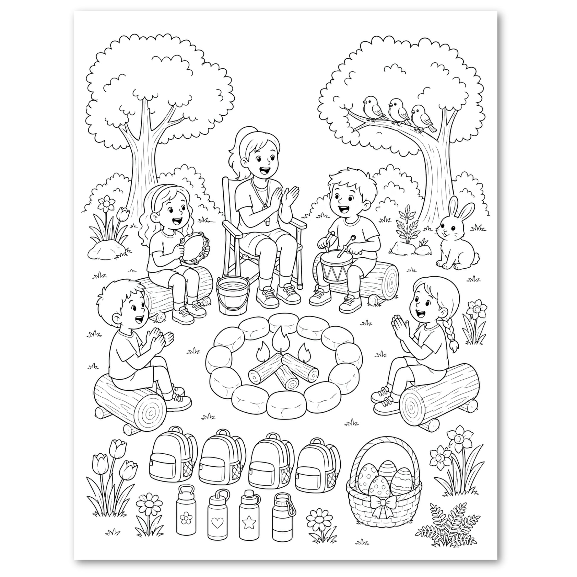 Black and white line art coloring page featuring a summer campfire scene with children, trees, birds, a rabbit, flowers, backpacks, bottles, and a basket of eggs.