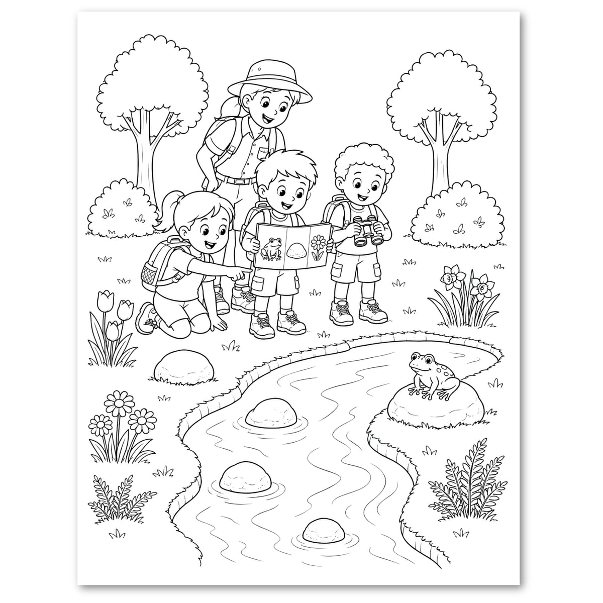 Black and white line art illustration of a family of four outdoor campers and a frog by a stream, likely a coloring page or printable activity sheet.