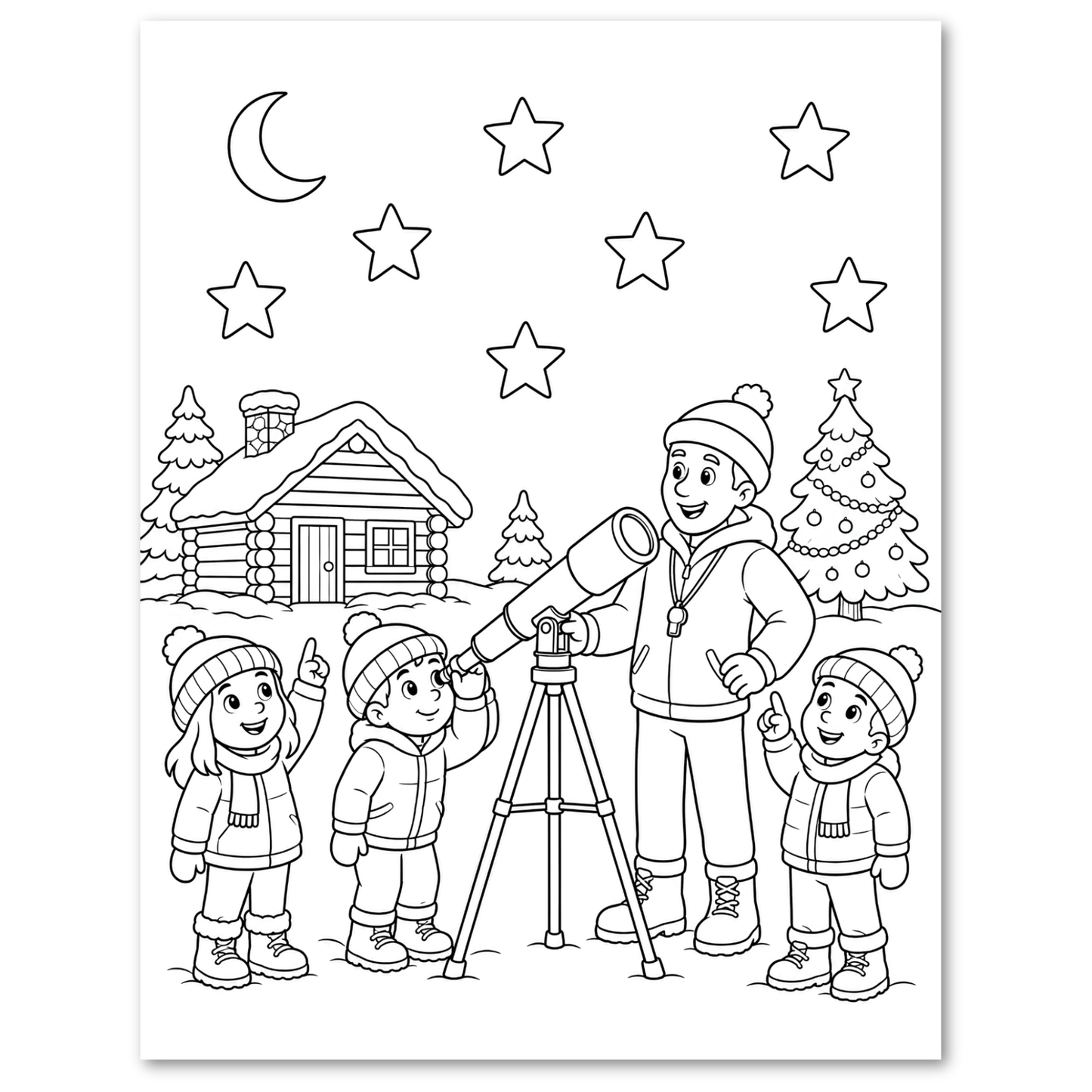Black and white line art coloring page featuring a winter night scene with children using a telescope, a log cabin, Christmas tree, and stars in the sky.