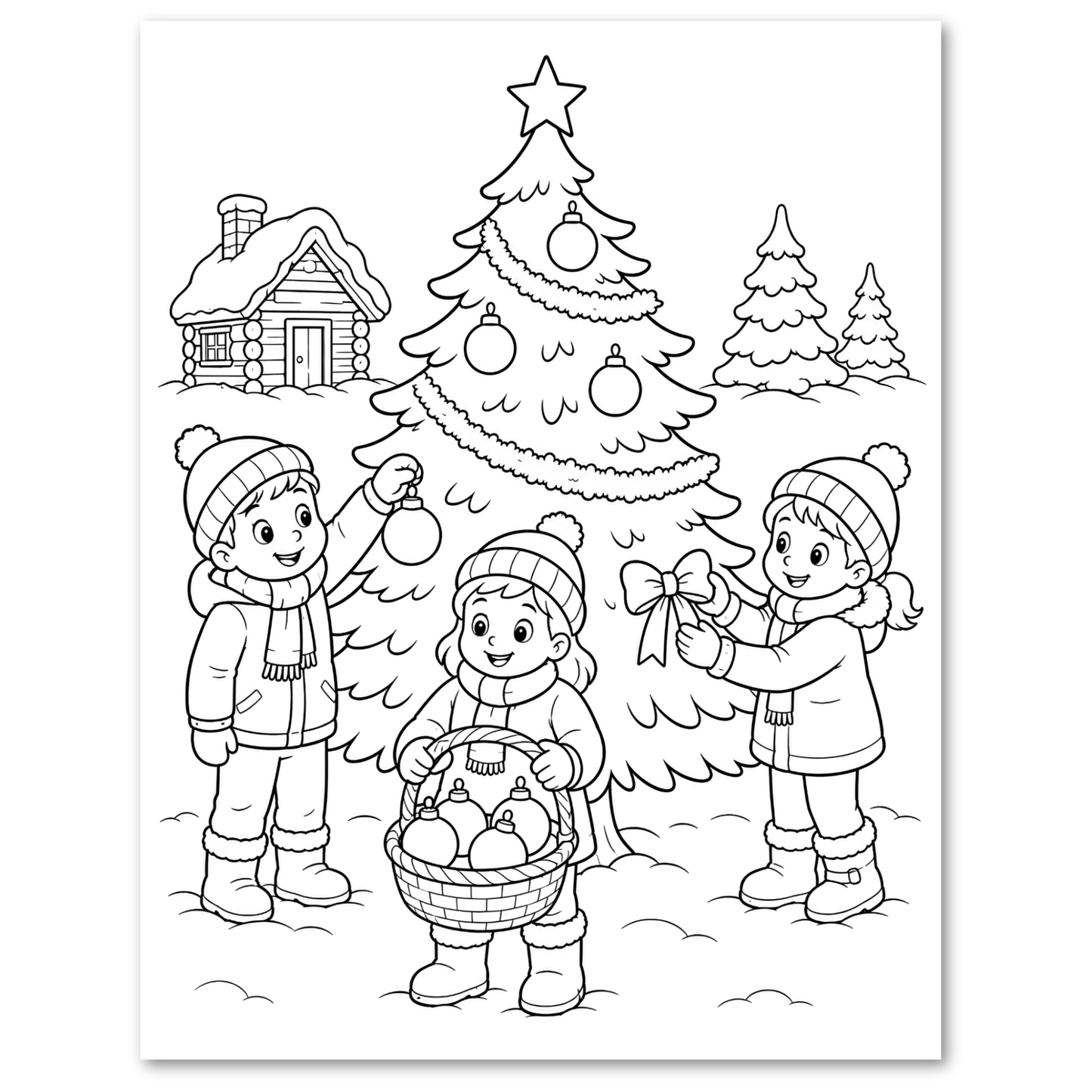 Black and white line art illustration of a winter Christmas scene with three children decorating a tree, a basket of ornaments, and a small cabin in the background.