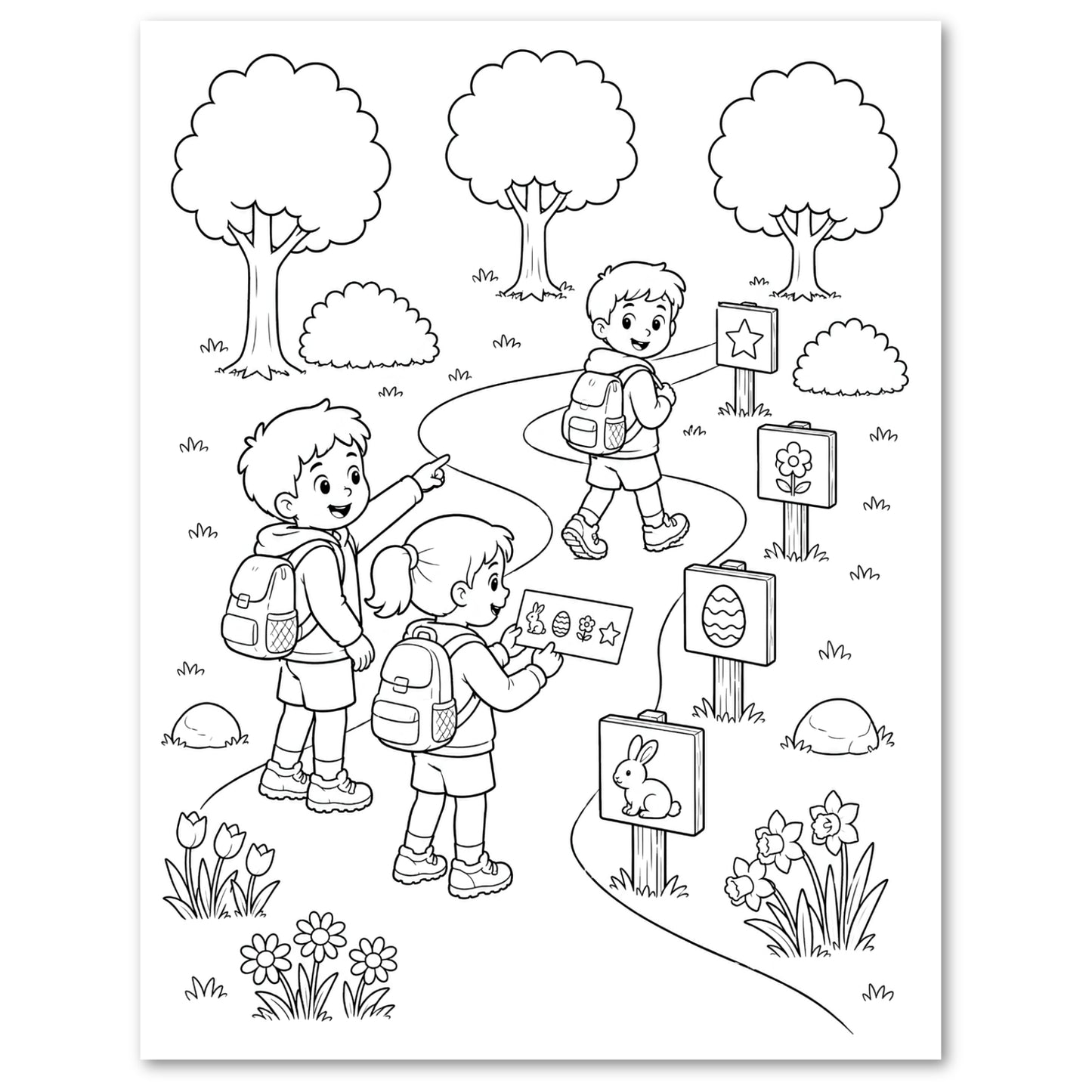 Black and white line art coloring page featuring three children with backpacks on a winding path among trees, flowers, and Easter-themed signs.