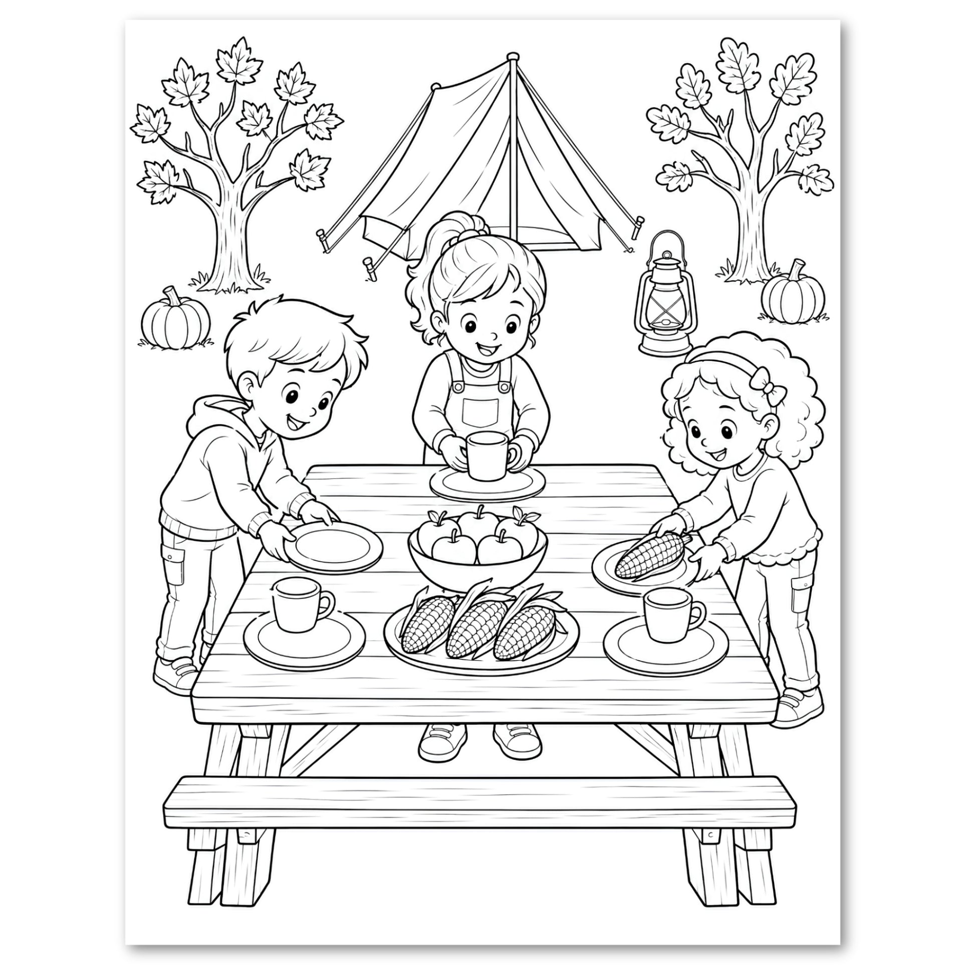 Black and white line art coloring page featuring three children gathered around a picnic table with corn, apples, cups, a lantern, trees, and a tent in the background.