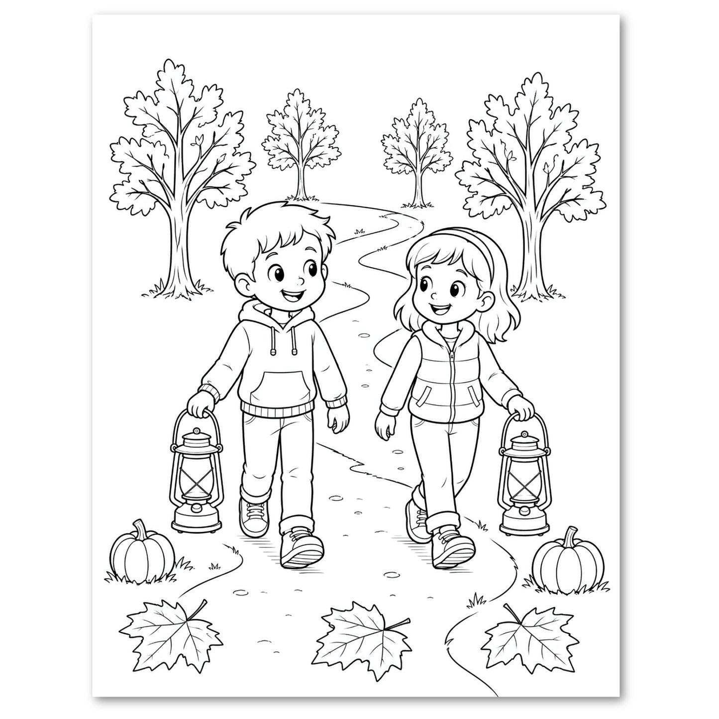 Black and white line art illustration of a boy and a girl walking along a path in an autumn park, each carrying a lantern, with trees, pumpkins, and fallen leaves around them.