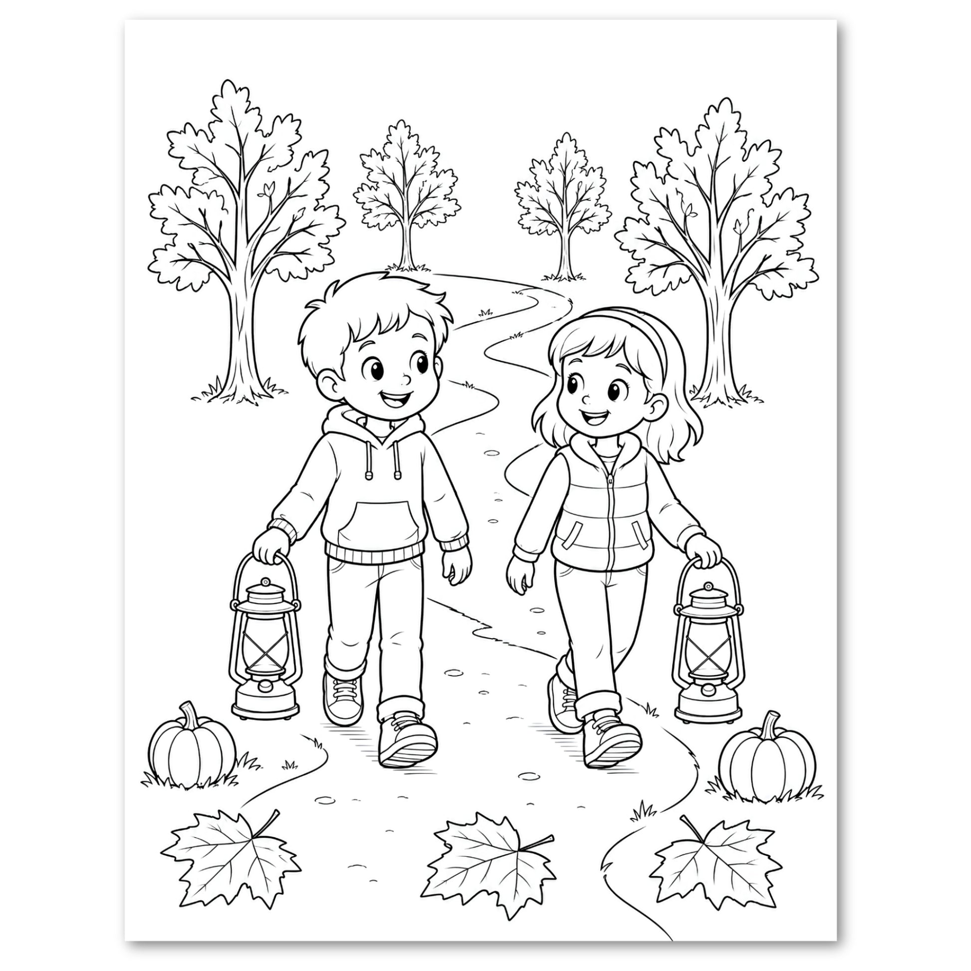 Black and white line art illustration of a boy and a girl walking along a path in an autumn park, each carrying a lantern, with trees, pumpkins, and fallen leaves around them.