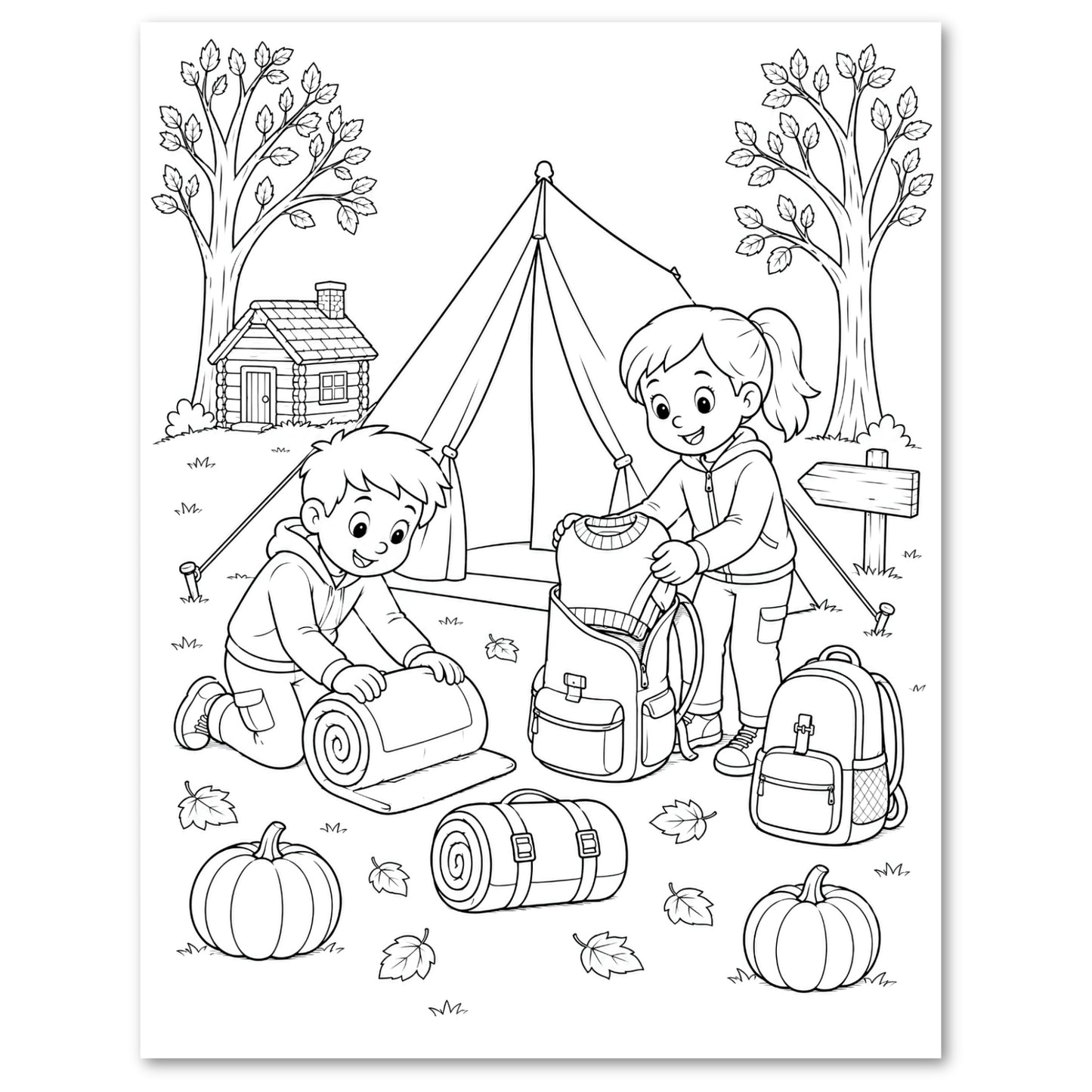 Black-and-white line art coloring page featuring a camping scene with a child packing up gear near a tent, backpacks, pumpkins, trees, and a cabin.