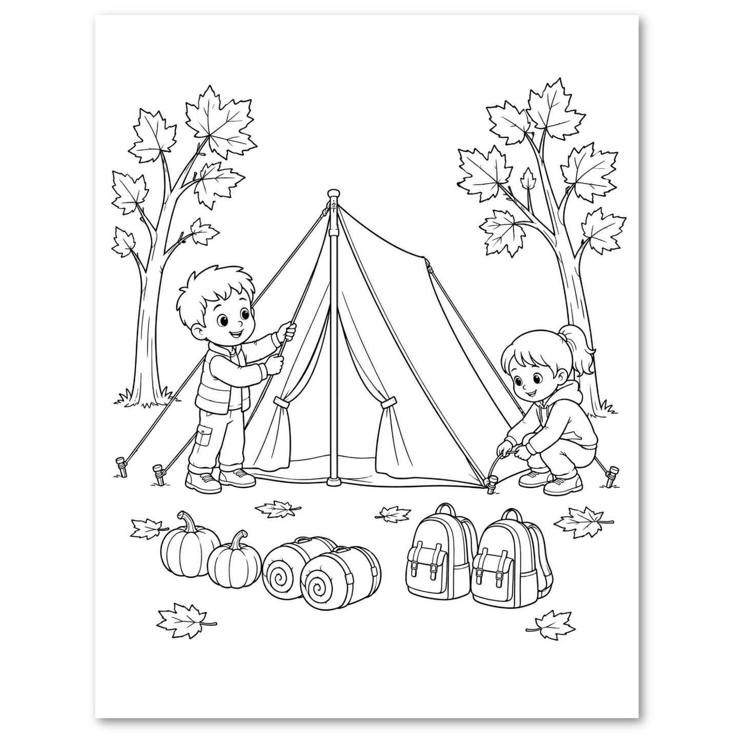 Black and white line art illustration of a child camping scene, showing a boy and a girl setting up a canvas tent with trees, pumpkins, sleeping bags, and backpacks on a white background.