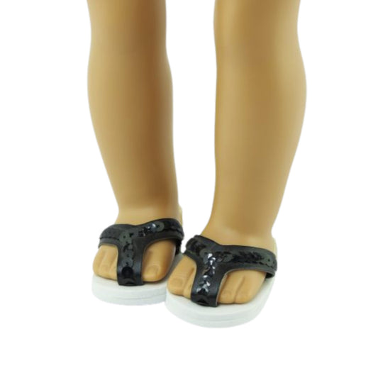 Black Flip Flops for 18-inch dolls with doll