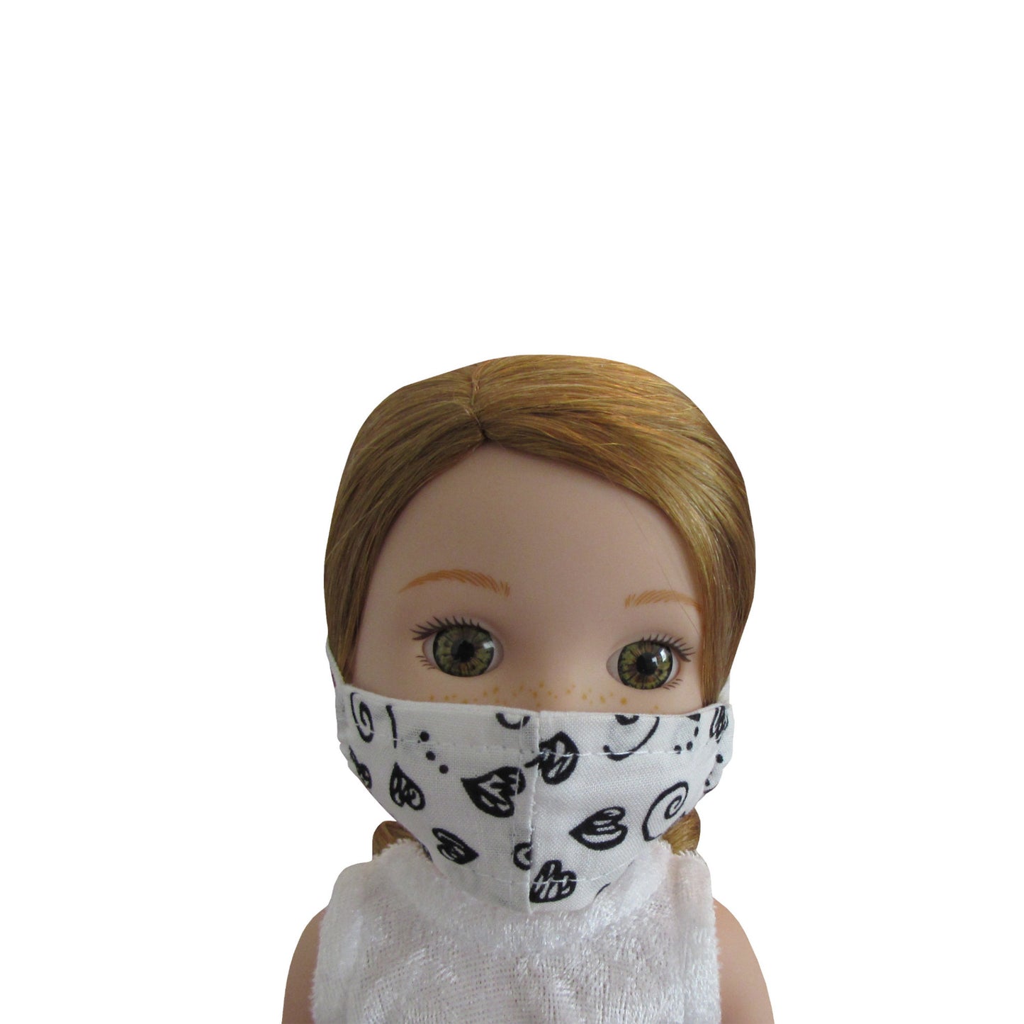 Black Hearts and Swirls on White Print Doll Face Mask for 14 1/2-inch dolls with Wellie Wishers doll Front