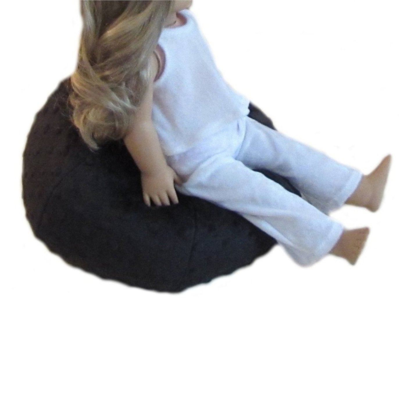 Black Minky Doll Bean Bag Chair for 18-inch dolls with doll Side view