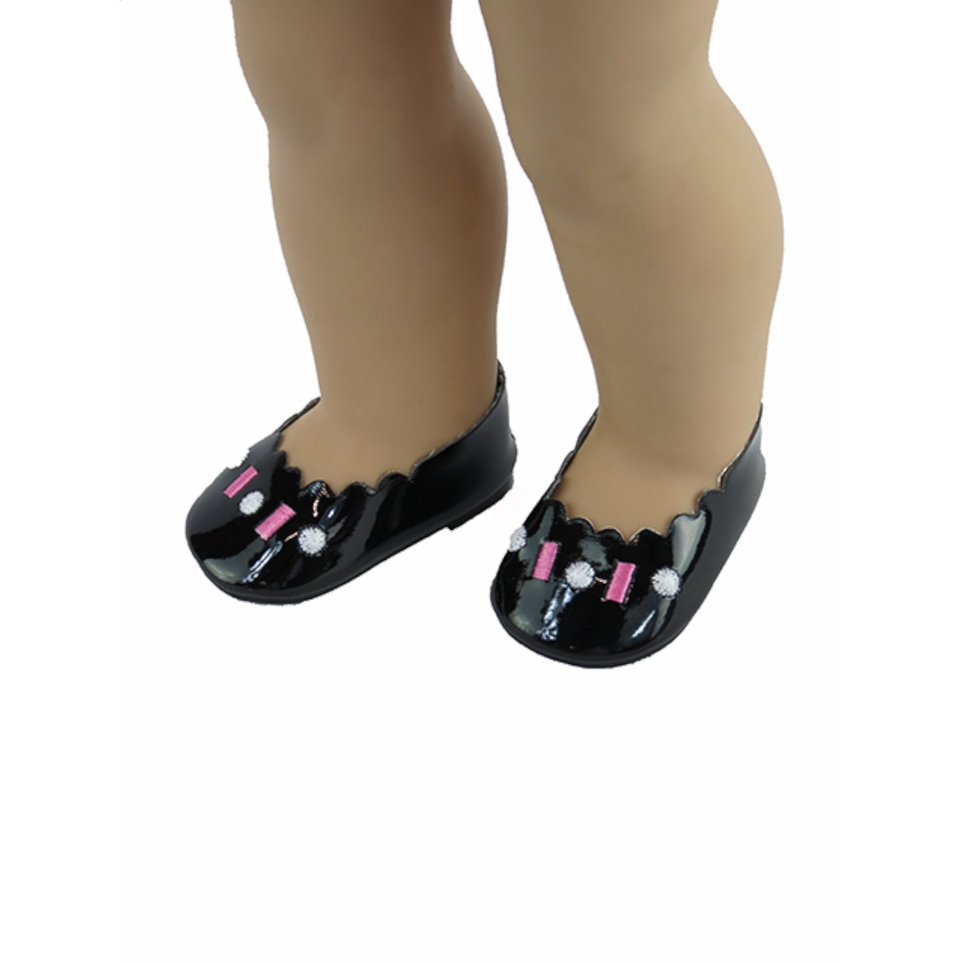 Black Scalloped Trim Flats for 18-inch dolls with doll