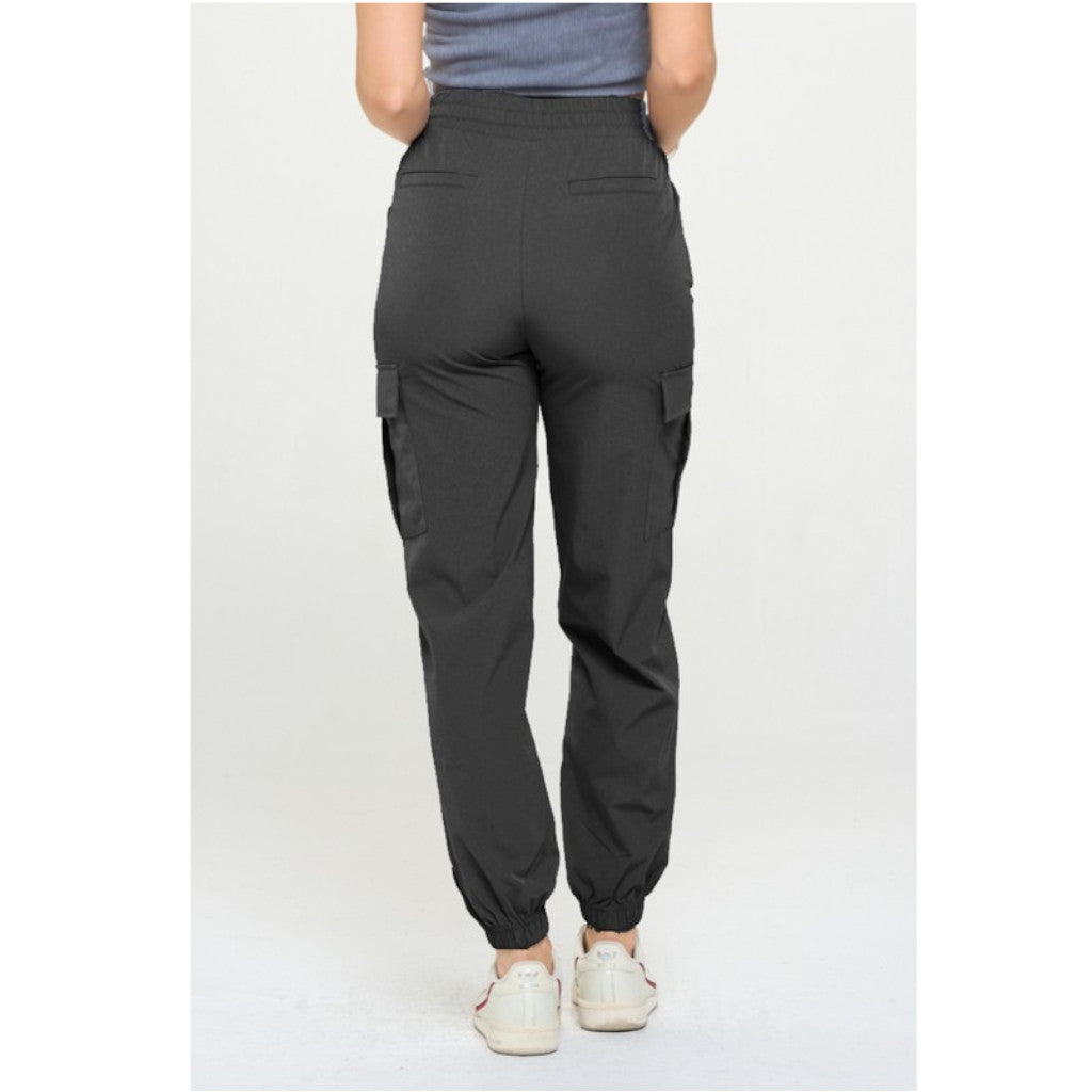 Black Women's Cargo Joggers Lightweight Quick Dry Pants on model back view