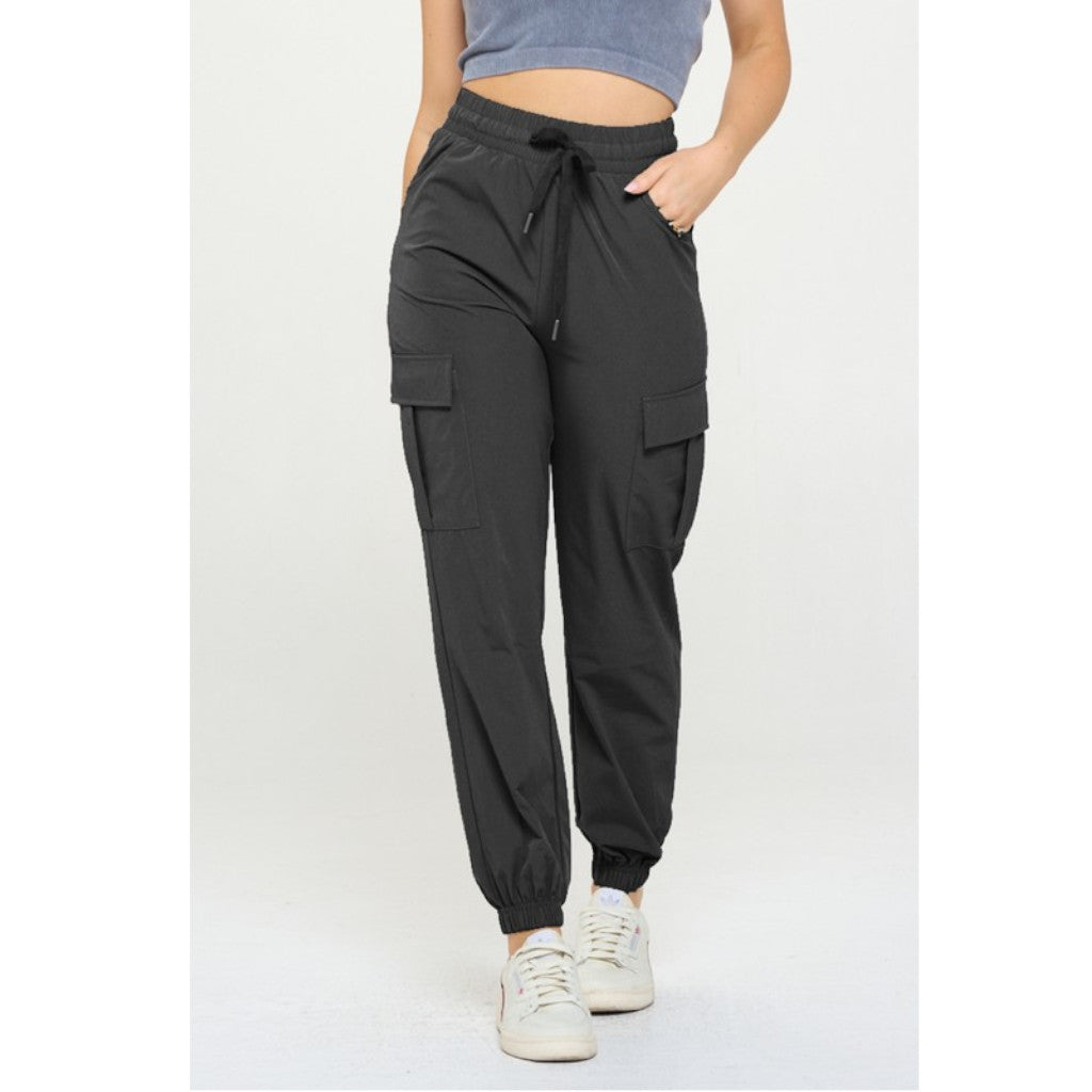 Black Women's Cargo Jogges Lightweight Quick Dry Pants on model front view