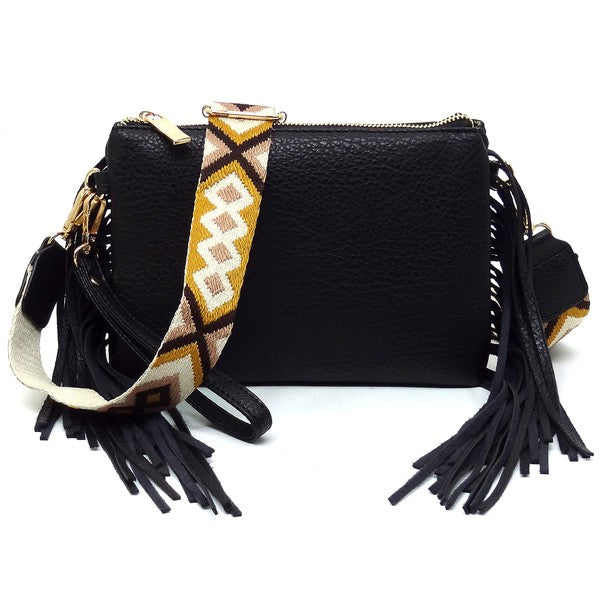 Black Aztec Guitar Strap Fringe Clutch Crossbody Front view
