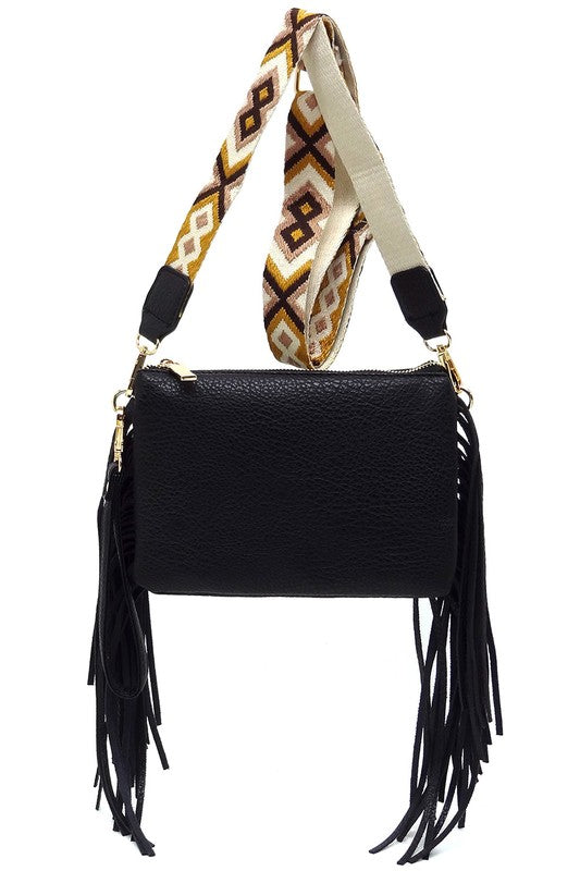 Black Aztec Guitar Strap Fringe Clutch Crossbody Hanging Front view