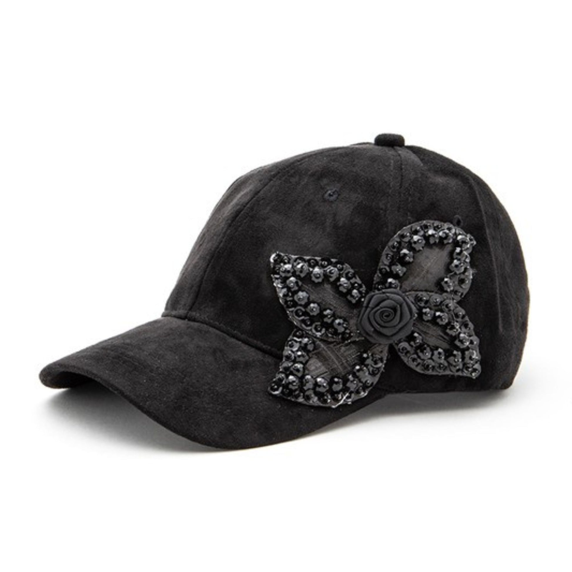 Black_Beaded_Flower_Suede_Fashion_Cap_-_Side_view