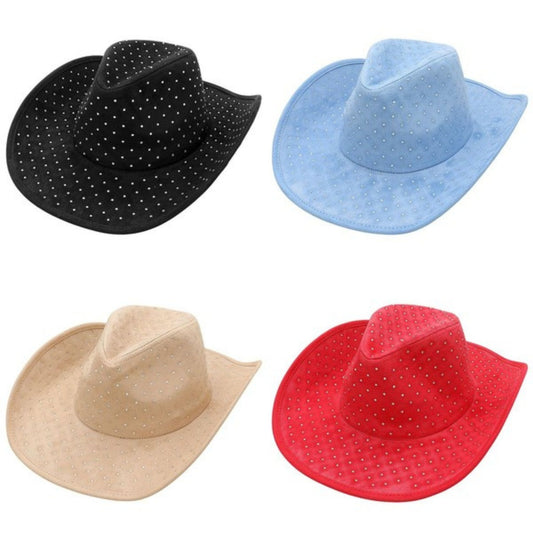 Four cowboy hats in black, blue, beige, and red on a white background