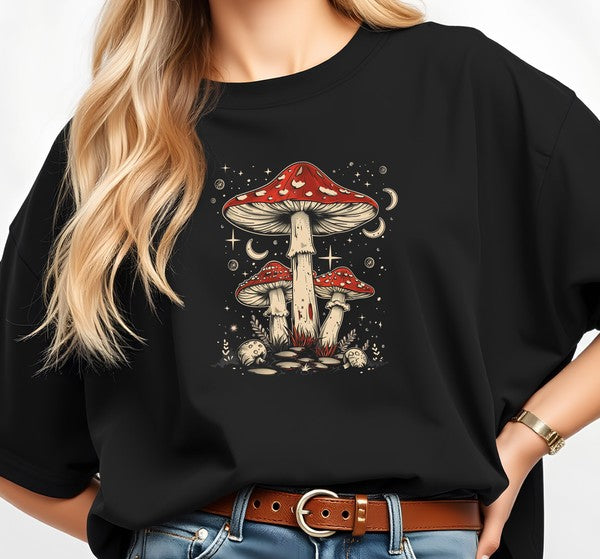 Black Boho Retro Mushrooms Graphic Tee