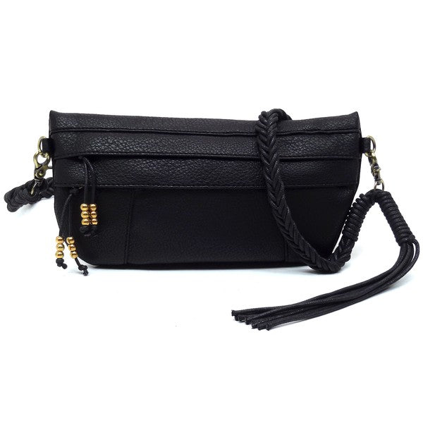 Black Braided Tassel Strap Crossbody Bag Front view Strap Down