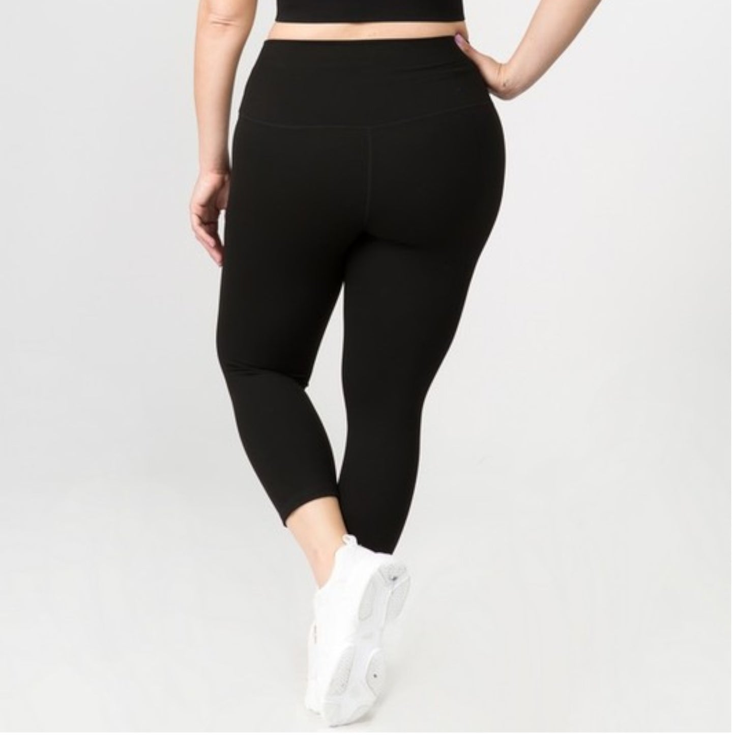Black Buttery Soft Capri Activewear  Leggings Plus on Model Back view