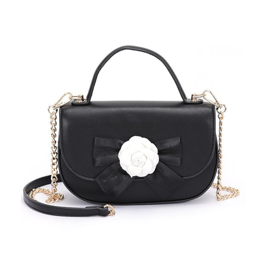 Black Camellia Flower Top Handle Swing Bag Front view