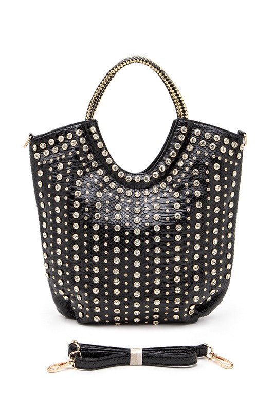 Black Crystal Studs Embellished Top Handle Tote Bag Front view