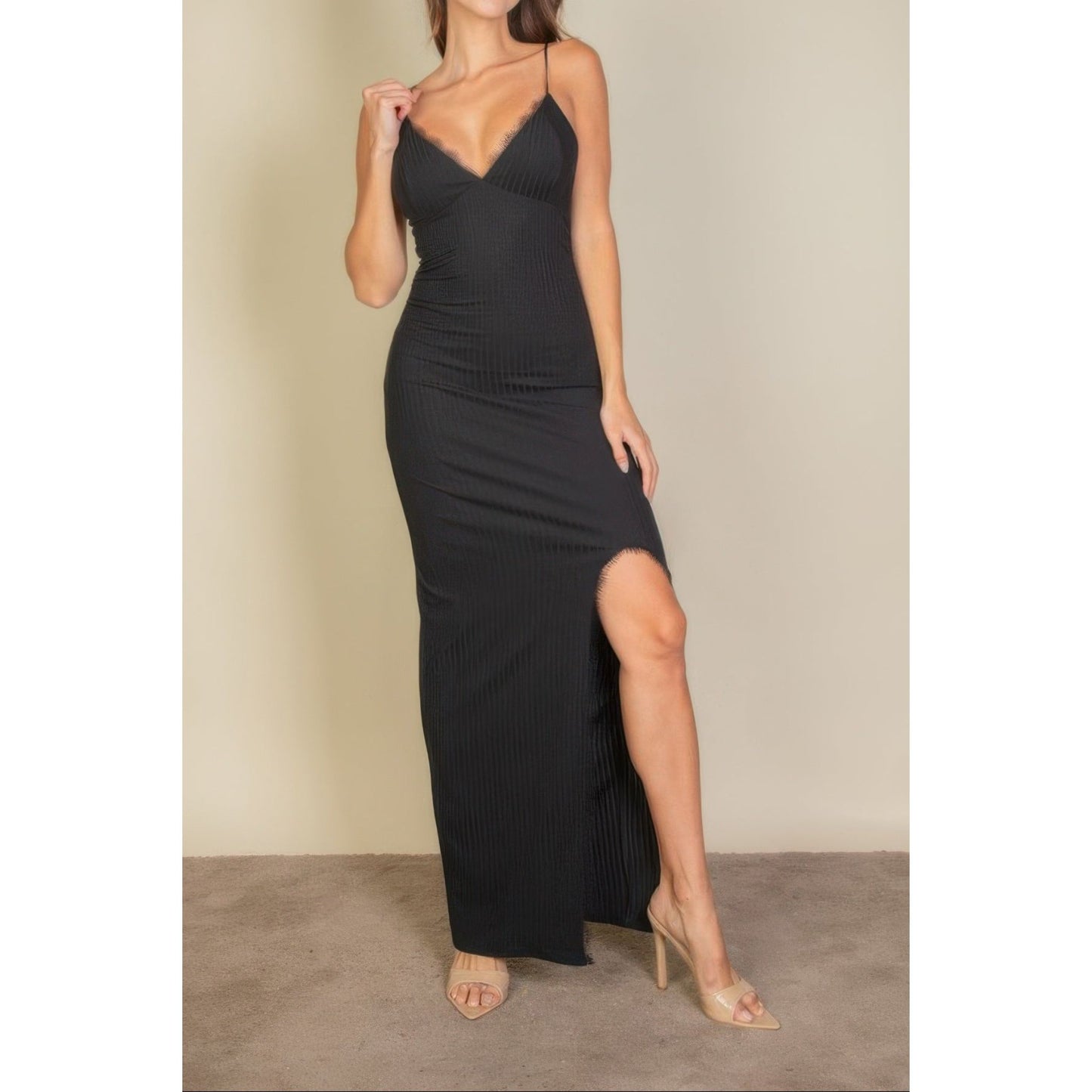 Eyelash Lace Trim Split Thigh Cami Dress
