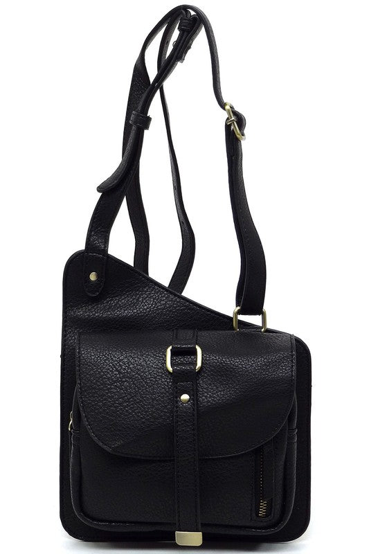 Black Fashion Flat Crossbody Bag Front view with Strap Up