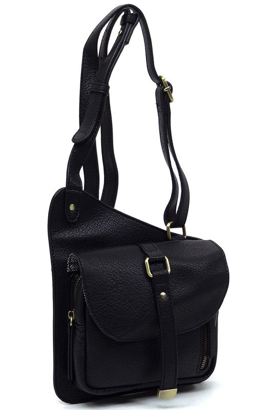 Black Fashion Flat Crossbody Bag Side view with Strap Up