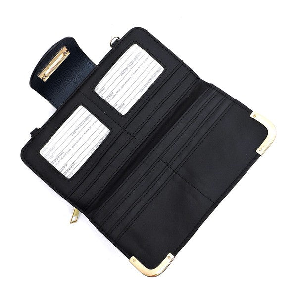 Black Fashion Turn Lock Crossbody Wallet Open